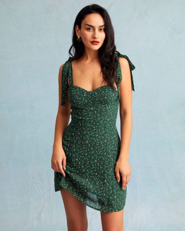 Green Sweetheart Neck Floral Slip Mini Dress