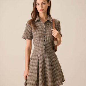 Brown Plaid Lapel Pleated Mini Dress