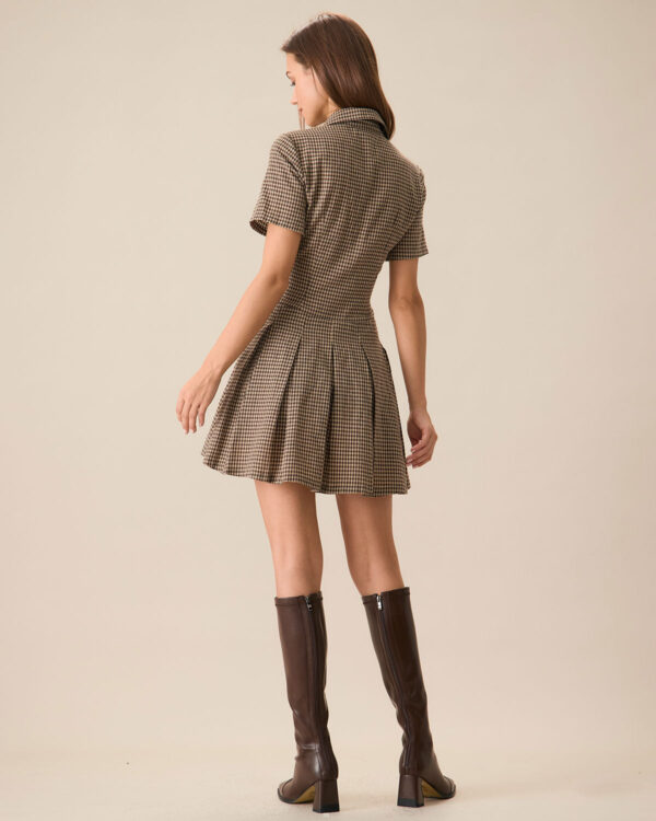 Brown Plaid Lapel Pleated Mini Dress - Image 4