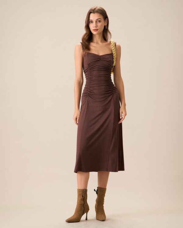 Women's Coffee Ruched Knitted Slip Midi Dress - Image 3