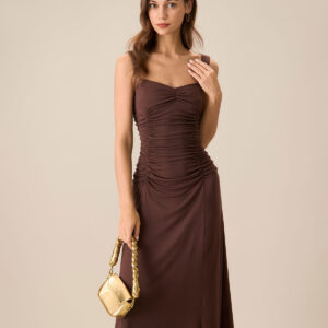 Women's Coffee Ruched Knitted Slip Midi Dress