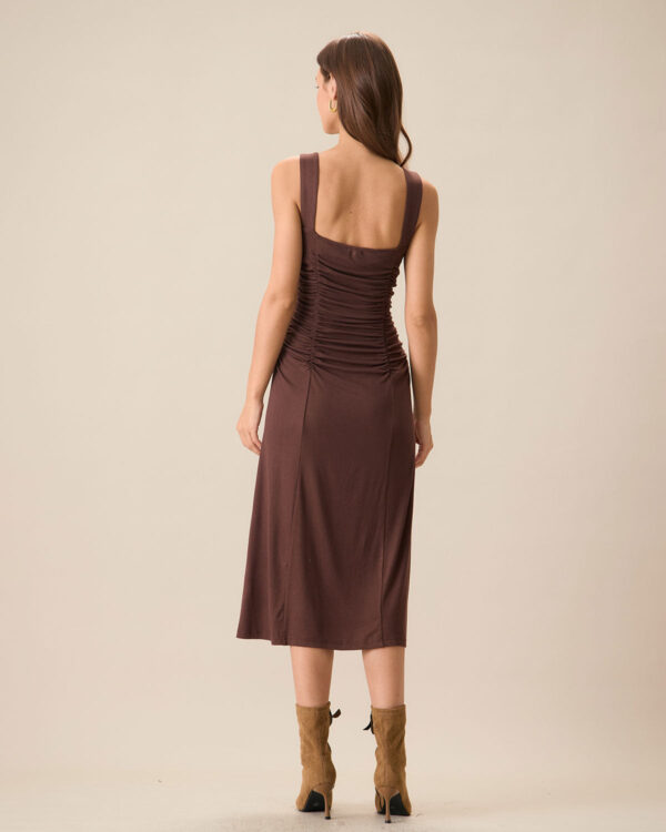 Women's Coffee Ruched Knitted Slip Midi Dress - Image 4