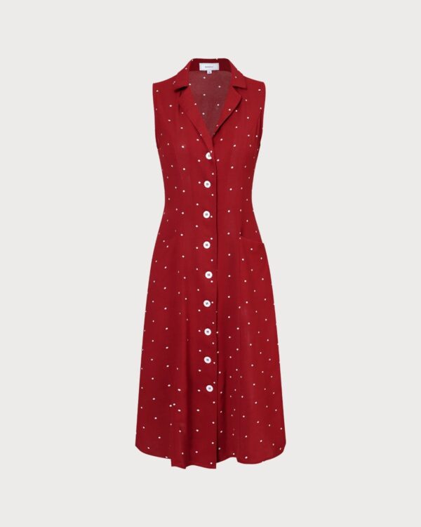Red V Neck Polka Dot Tie Back Midi Dress - Image 6