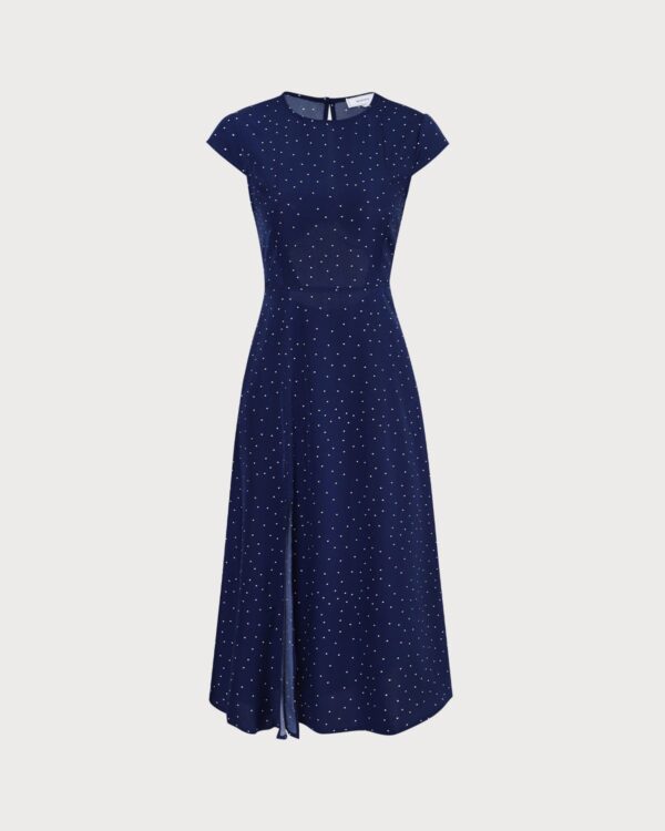 Navy Round Neck Polka Dot Cutout Midi Dress - Image 7