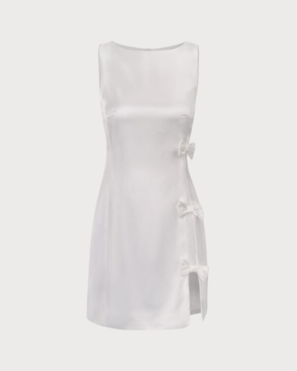 White Boat Neck Bowknot Satin Mini Dress - Image 6