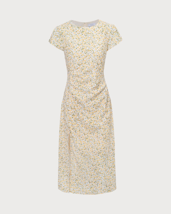 Yellow Round Neck Floral Midi Dress - Image 7