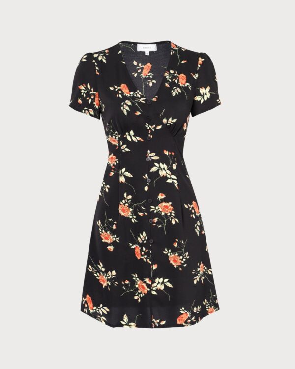 Black V Neck Floral Button Up Mini Dress - Image 2