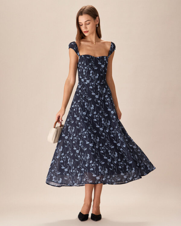 Navy Floral Sweetheart Neck Midi Dress - Image 3