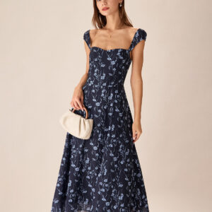 Navy Floral Sweetheart Neck Midi Dress