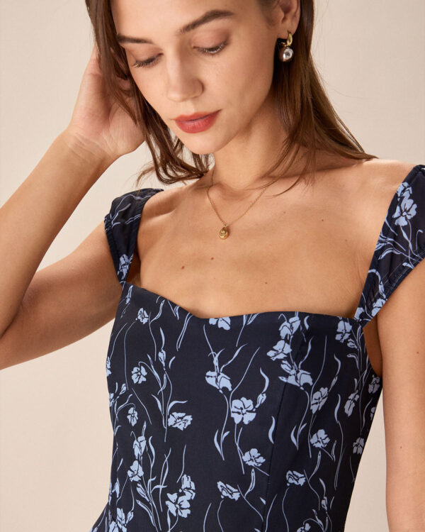 Navy Floral Sweetheart Neck Midi Dress - Image 2