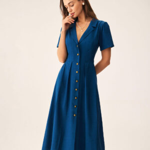 Blue V Neck Pleated Button Midi Dress