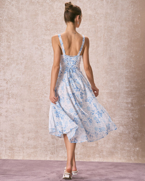 Blue Square Neck Floral Ruched Midi Dress - Image 5