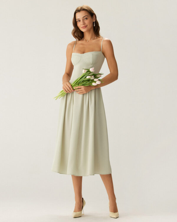Green Square Neck Pocket Slip Midi Dress - Image 3