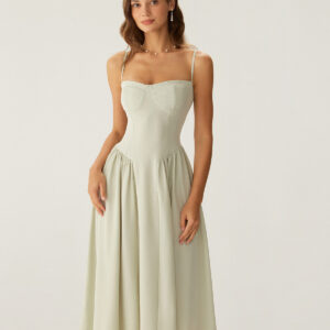 Green Square Neck Pocket Slip Midi Dress