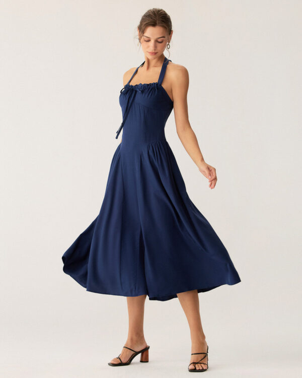 Navy Ruched Halter Midi Dress - Image 5