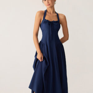 Navy Ruched Halter Midi Dress