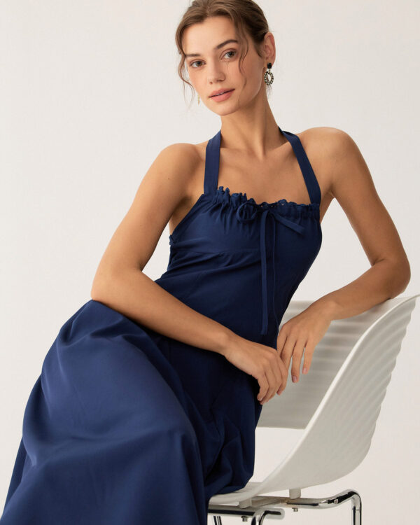 Navy Ruched Halter Midi Dress - Image 3
