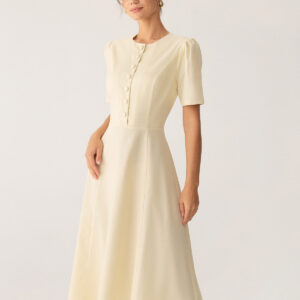 Beige Puffed Sleeve Button Midi Dress