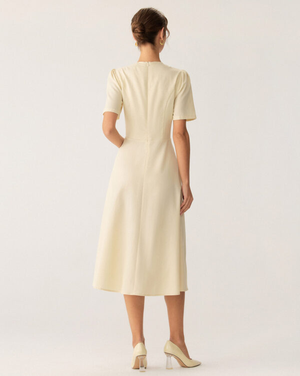 Beige Puffed Sleeve Button Midi Dress - Image 3