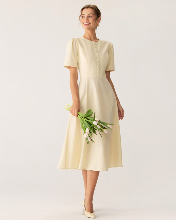 Beige Puffed Sleeve Button Midi Dress - Image 4