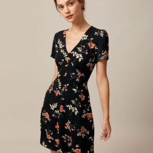 Black V Neck Floral Button Up Mini Dress