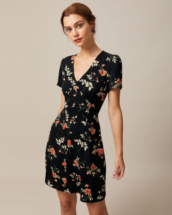 Black V Neck Floral Button Up Mini Dress