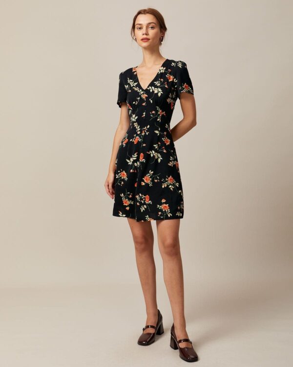 Black V Neck Floral Button Up Mini Dress - Image 5