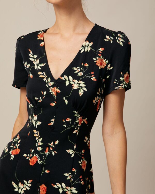 Black V Neck Floral Button Up Mini Dress - Image 3