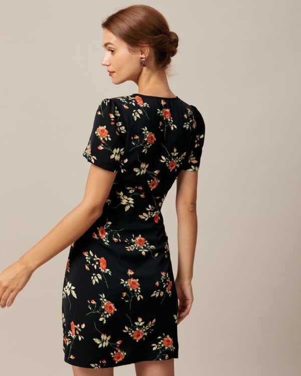 Black V Neck Floral Button Up Mini Dress - Image 4