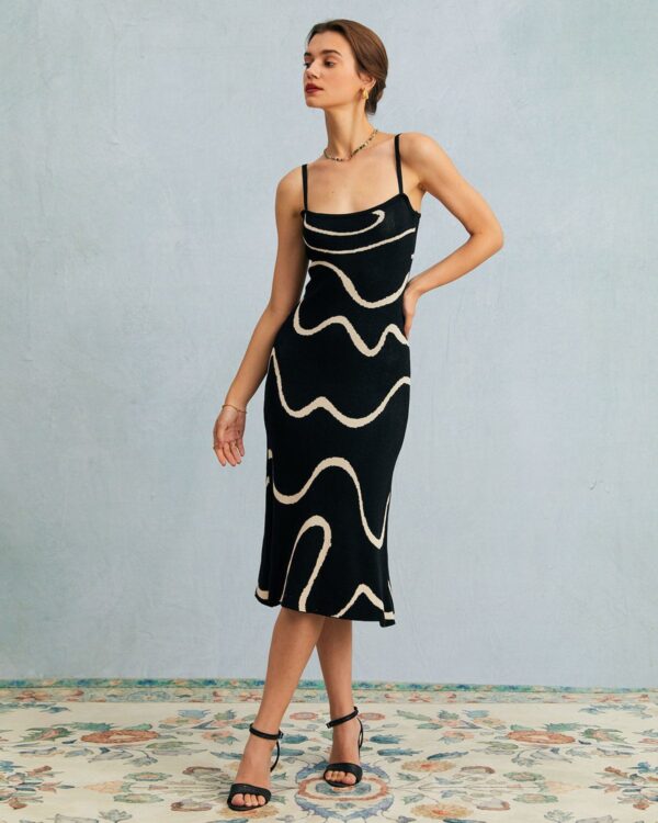 Black Wave Mermaid Hem Knit Midi Dress - Image 6