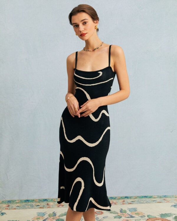 Black Wave Mermaid Hem Knit Midi Dress