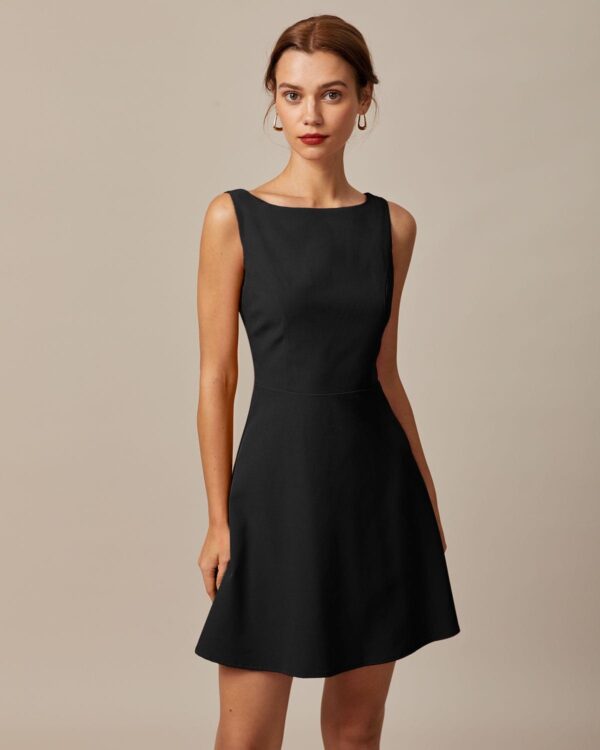Black Boat Neck High Waisted Mini Dress