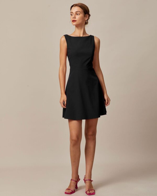 Black Boat Neck High Waisted Mini Dress - Image 4