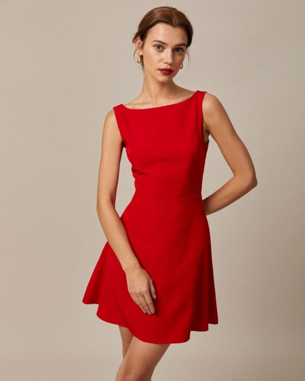Red Boat Neck High Waisted Mini Dress - Image 3