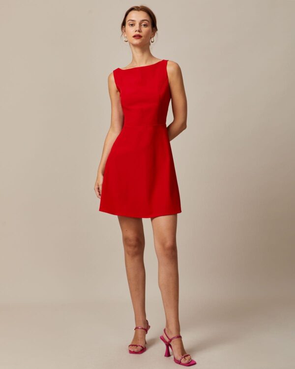 Red Boat Neck High Waisted Mini Dress - Image 2
