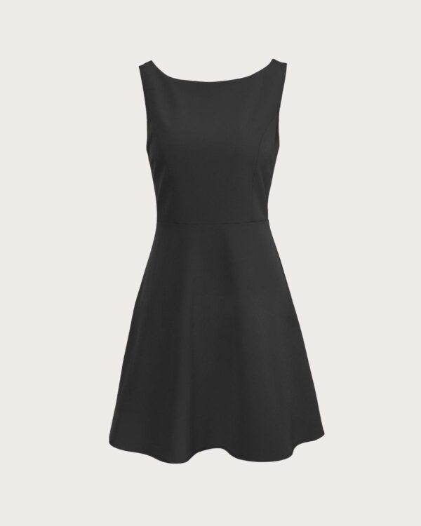 Black Boat Neck High Waisted Mini Dress - Image 5
