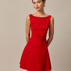 Red Boat Neck High Waisted Mini Dress