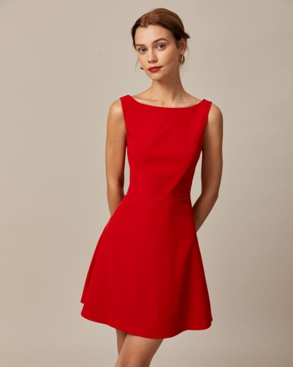 Red Boat Neck High Waisted Mini Dress