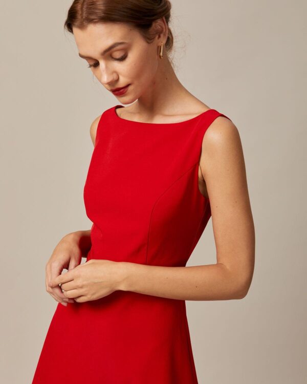 Red Boat Neck High Waisted Mini Dress - Image 4