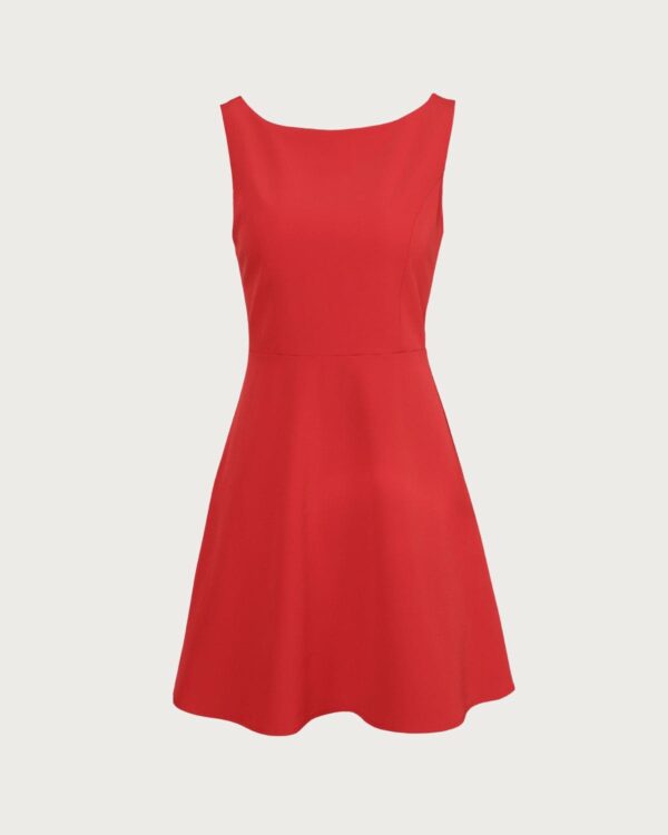 Red Boat Neck High Waisted Mini Dress - Image 6