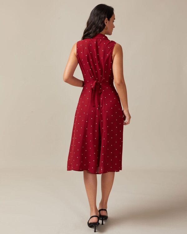 Red V Neck Polka Dot Tie Back Midi Dress - Image 5