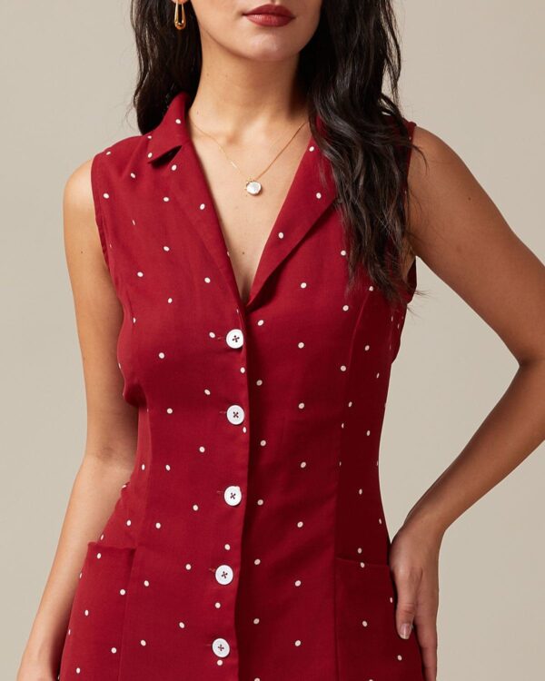 Red V Neck Polka Dot Tie Back Midi Dress - Image 3