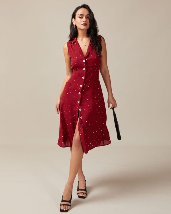 Red V Neck Polka Dot Tie Back Midi Dress - Image 2