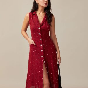 Red V Neck Polka Dot Tie Back Midi Dress