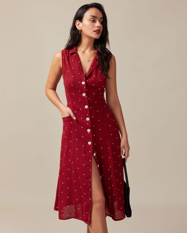 Red V Neck Polka Dot Tie Back Midi Dress