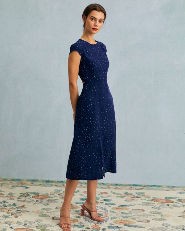 Navy Round Neck Polka Dot Cutout Midi Dress - Image 5
