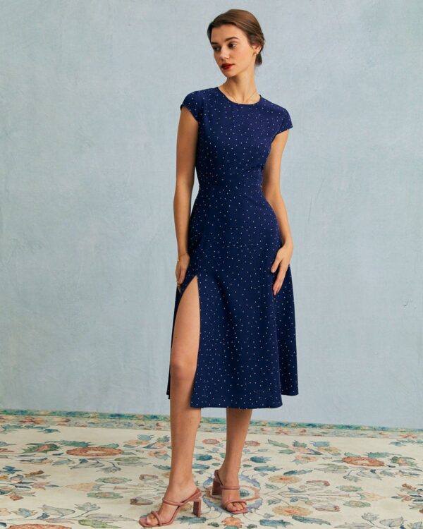 Navy Round Neck Polka Dot Cutout Midi Dress - Image 4