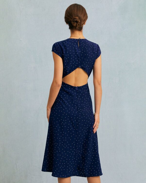 Navy Round Neck Polka Dot Cutout Midi Dress - Image 6
