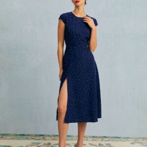 Navy Round Neck Polka Dot Cutout Midi Dress