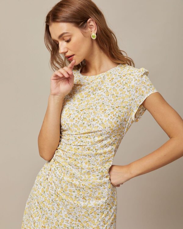 Yellow Round Neck Floral Midi Dress - Image 2